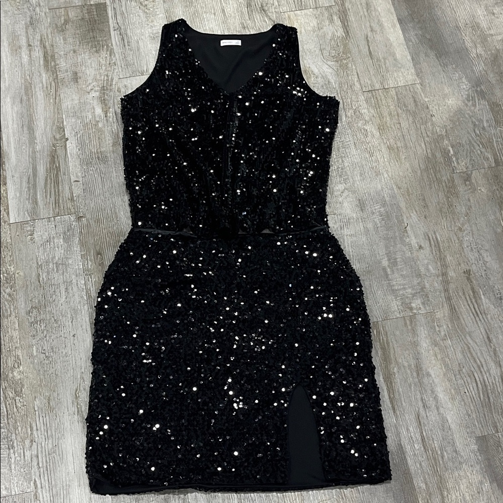 Nine West Black Sequin Mini Dress 2 piece skirt‎ and top matching XL women’s